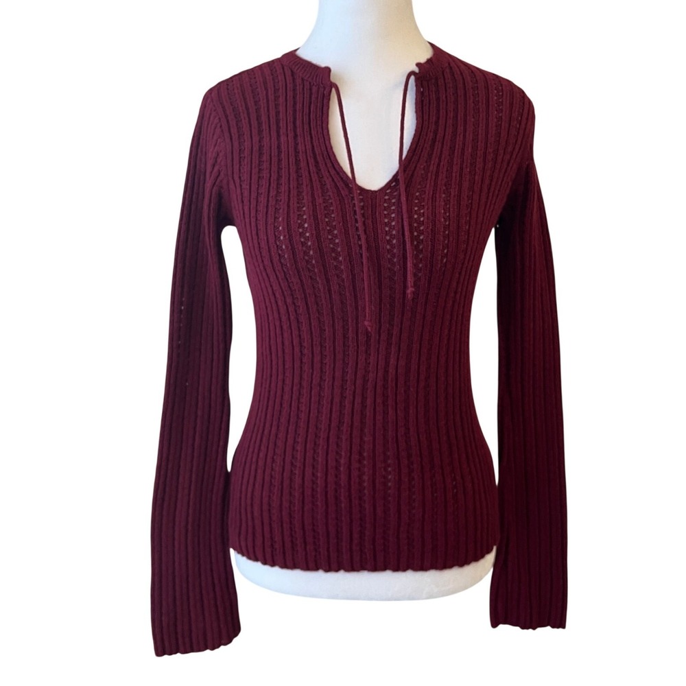 Vintage Aeropostale Y2K Sweater‎ S Fitted Preppy Bell Sleeves Open Knit Burgundy